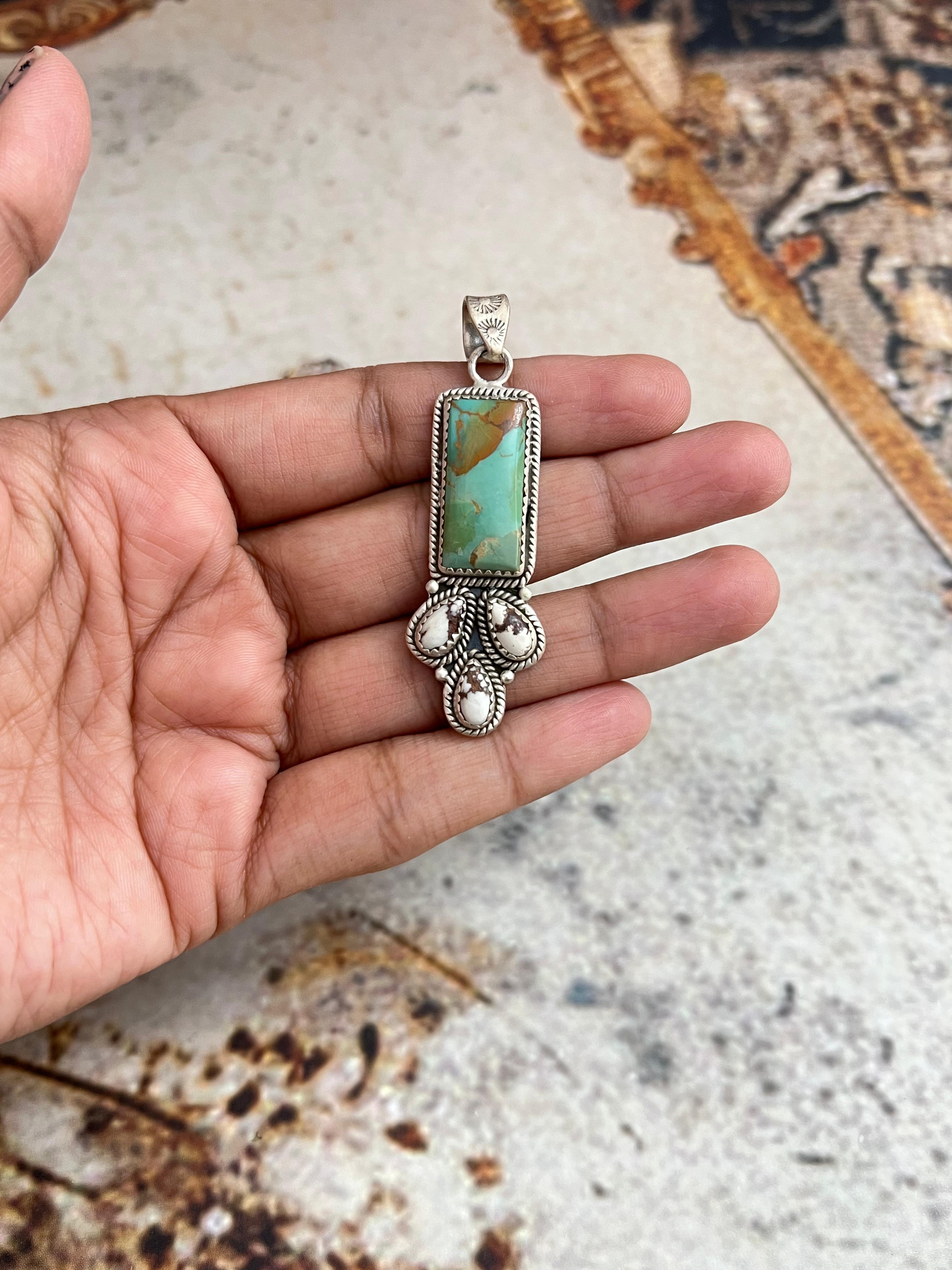 Handmade Sterling Silver Kingman Turquoise & Wild Horse Pendant with Signed Nizhoni