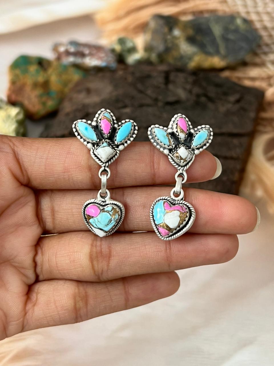 Handmade Sterling Silver Cotton Candy Post Heart Dangle Earrings "Signed Nizhoni"