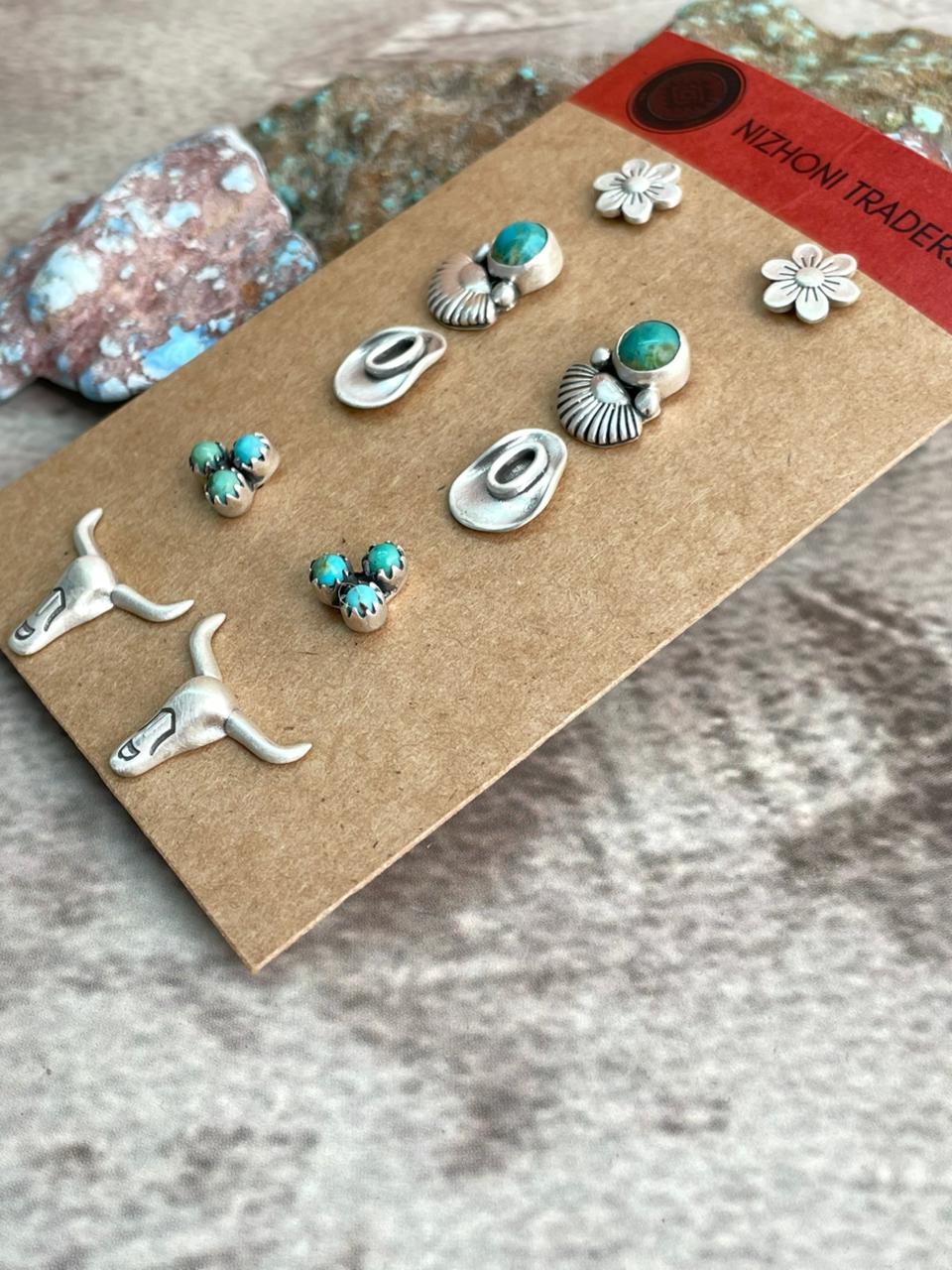 Handmade Sterling Silver Kingman Turquoise Post Studs Set (Card) Earrings