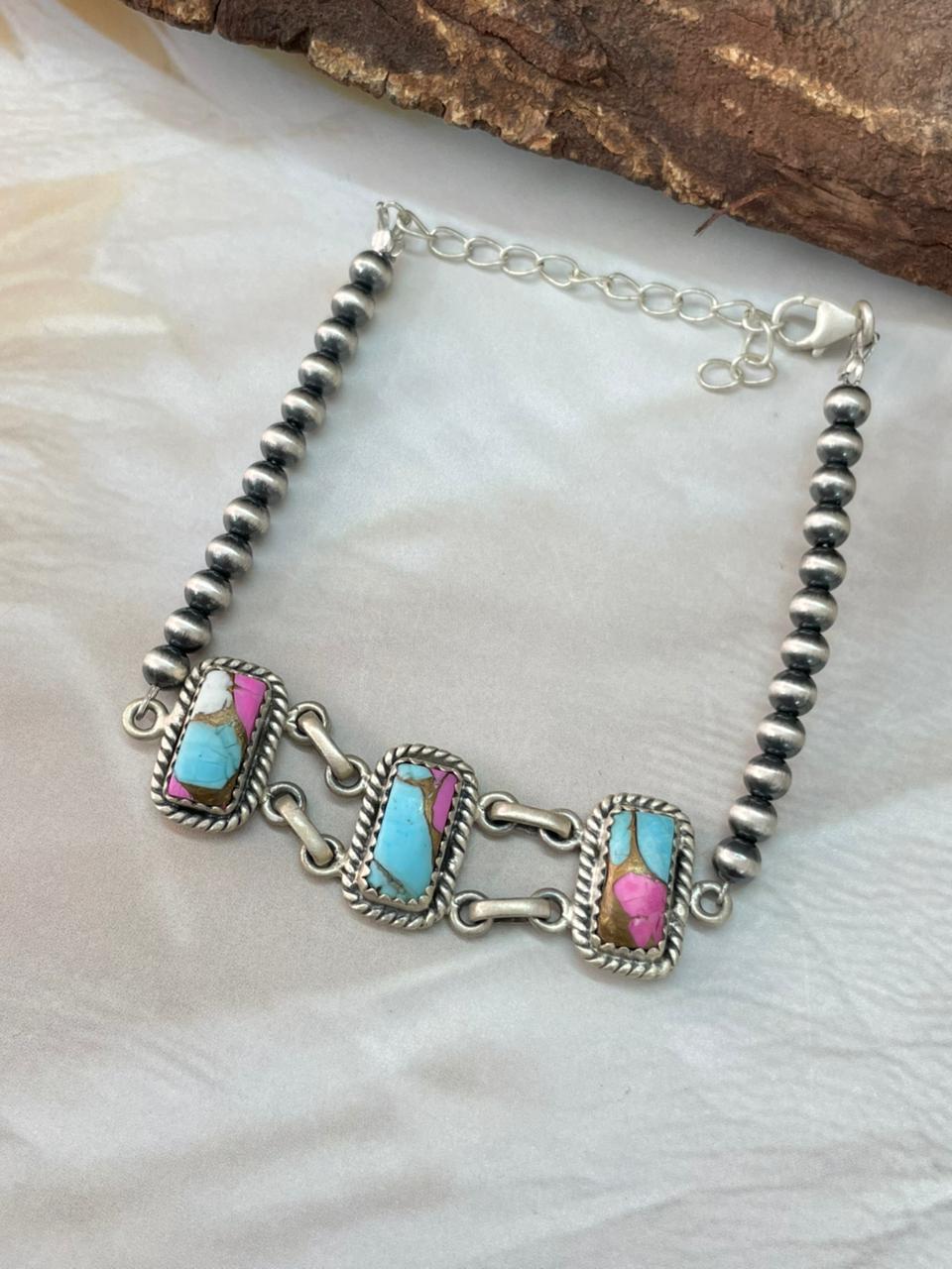 Handmade Sterling Silver Cotton Candy Beaded Bracelet "Signed Nizhoni"