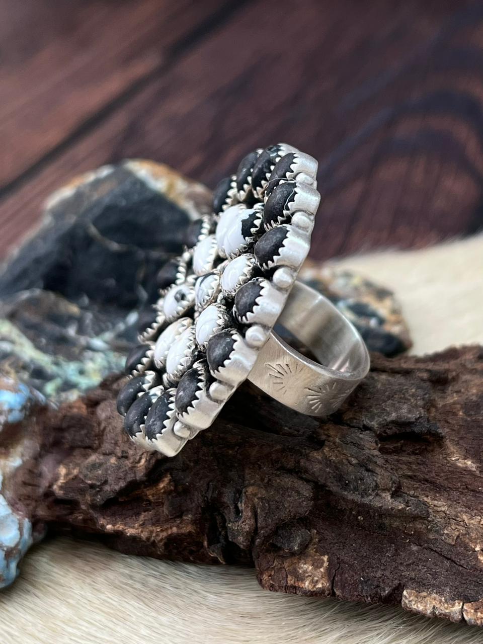 Handmade Sterling Silver White Buffalo Adjustable Ring "Signed Nizhoni"