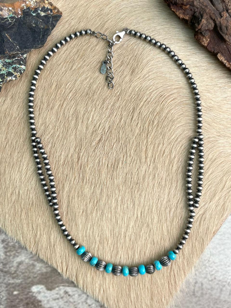 Handmade Sterling Silver Kingman Turquoise Beaded Necklace "Signed Nizhoni"