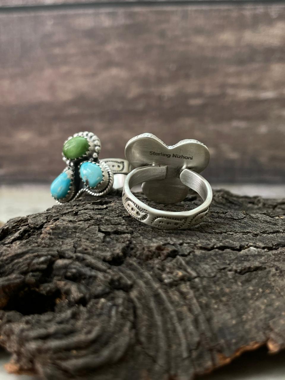 Handmade Sterling Silver Sonoran with White Turquoise Adjustable Ring "Signed Nizhoni"