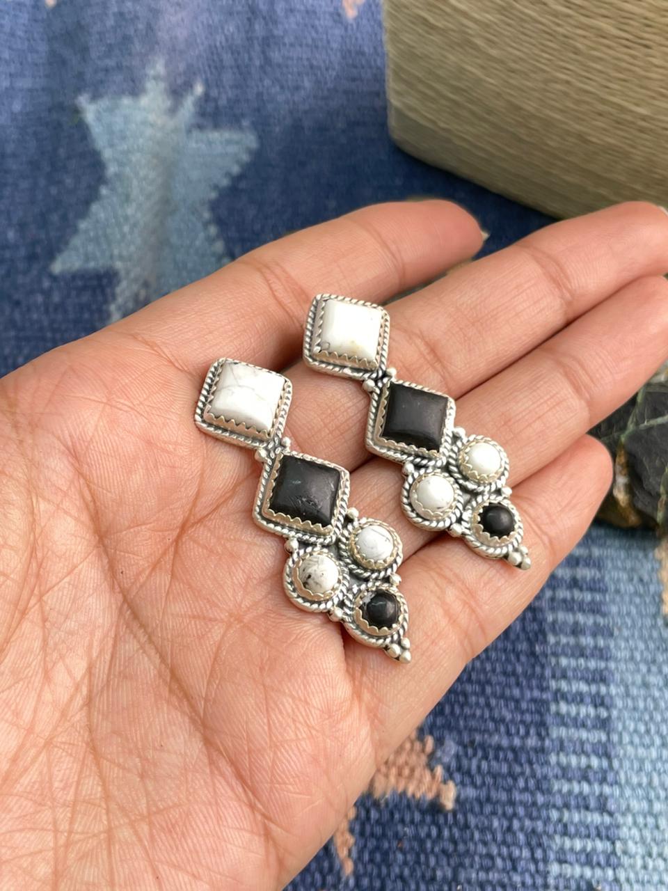 Handmade Sterling Silver White Buffalo Post Dangle Earrings "Signed Nizhoni"