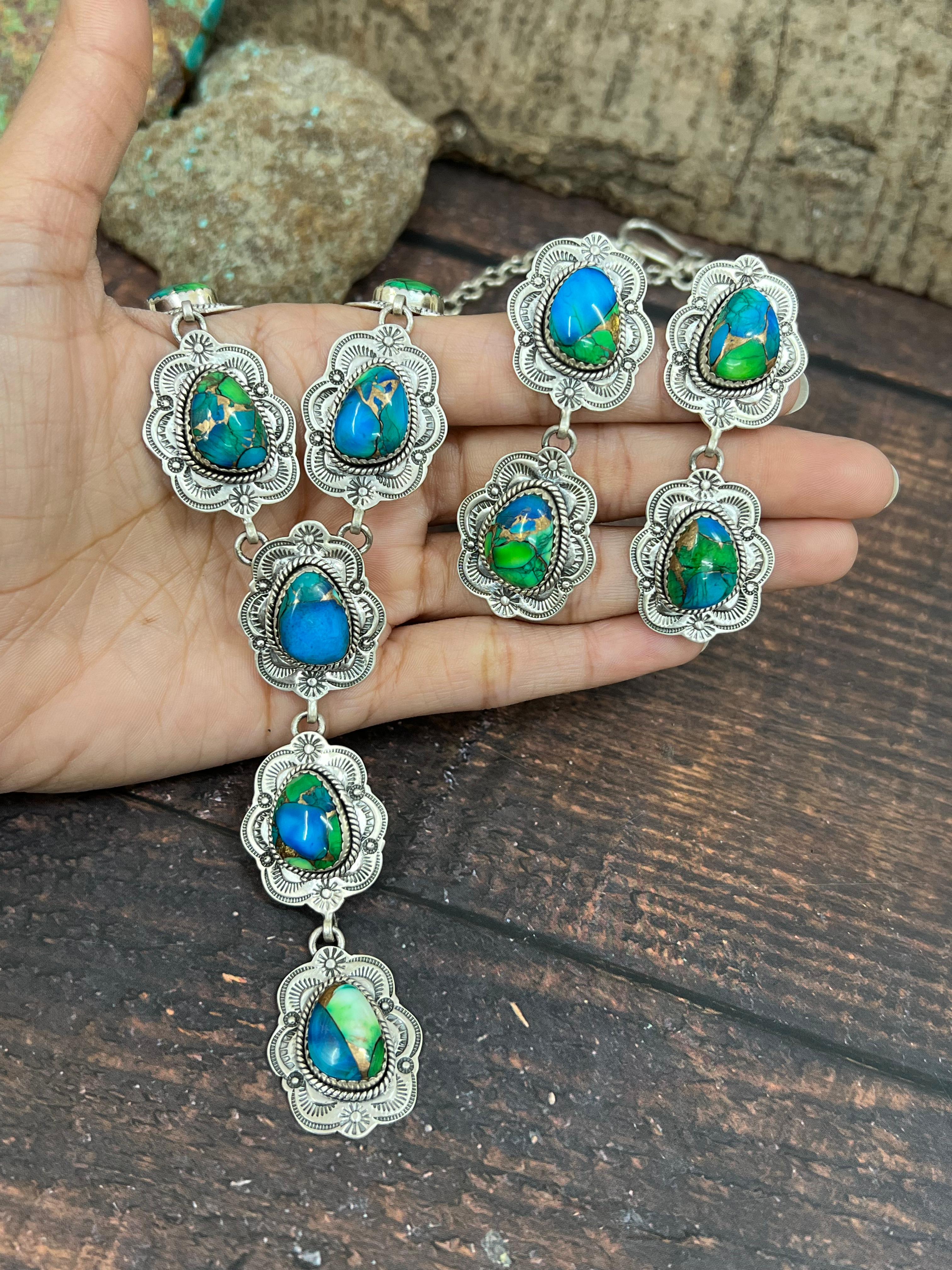 Handmade Sterling Silver Peacock Dahlia Necklace Earrings Set with Signed Nizhoni