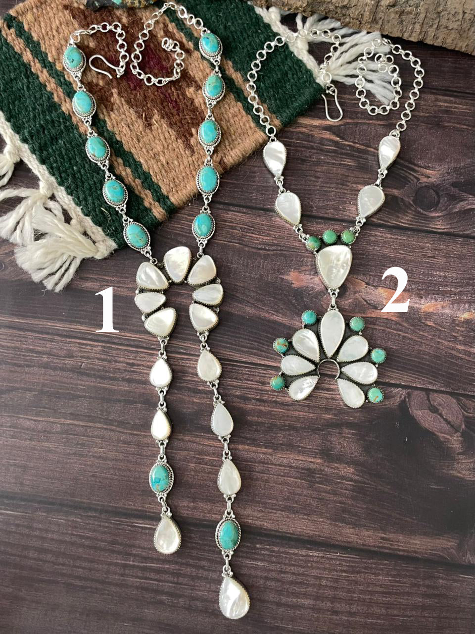 Handmade Sterling Silver Wedding Collection: Mother of Pearl with Kingman Turquoise "Signed Nizhoni"