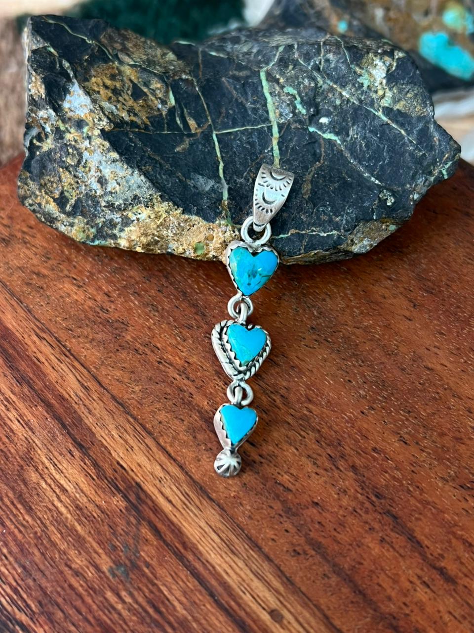 Handmade Sterling Silver Kingman Turquoise Heart Pendant "Signed Nizhoni"