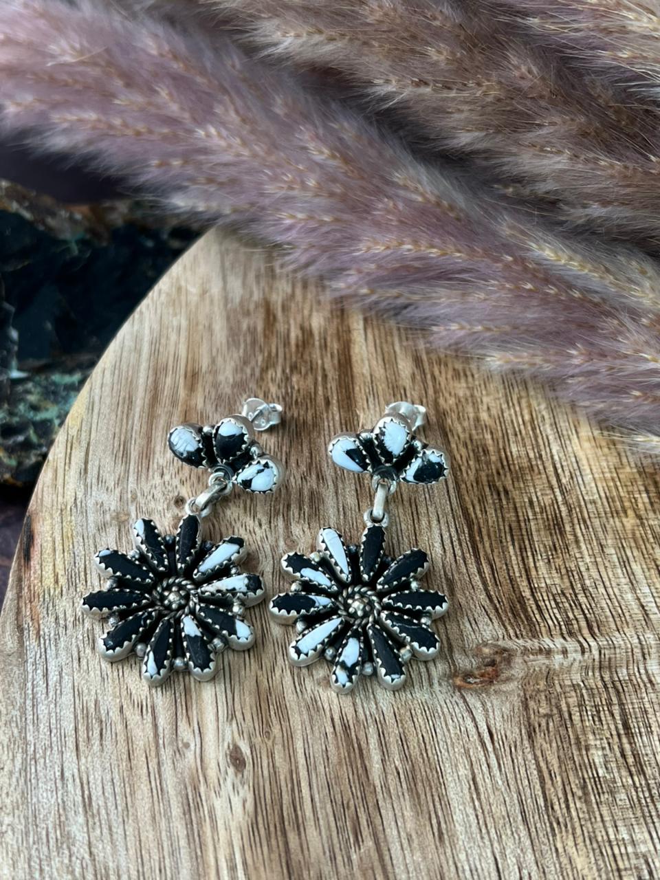 Handmade Sterling Silver White Buffalo Post Dangle Earrings "Signed Nizhoni"