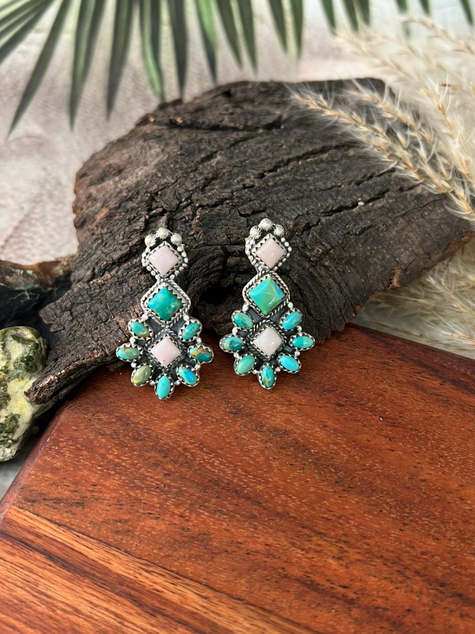 Handmade Sterling Silver Kingman Turquoise with Pink Opal Post Earrings "Signed Nizhoni"