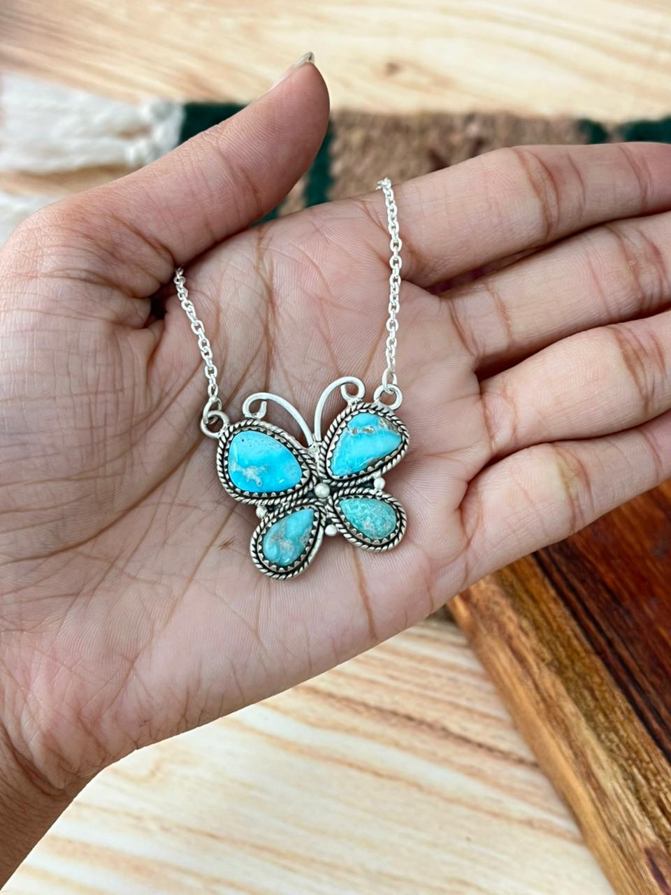 Handmade Sterling Silver White Water Turquoise Butterfly Necklace "Signed Nizhoni"