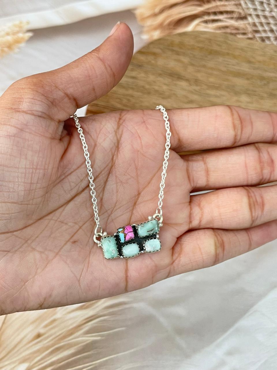 Handmade Sterling Silver Cotton Candy with Paloma Turquoise Necklace Signed Nizhoni