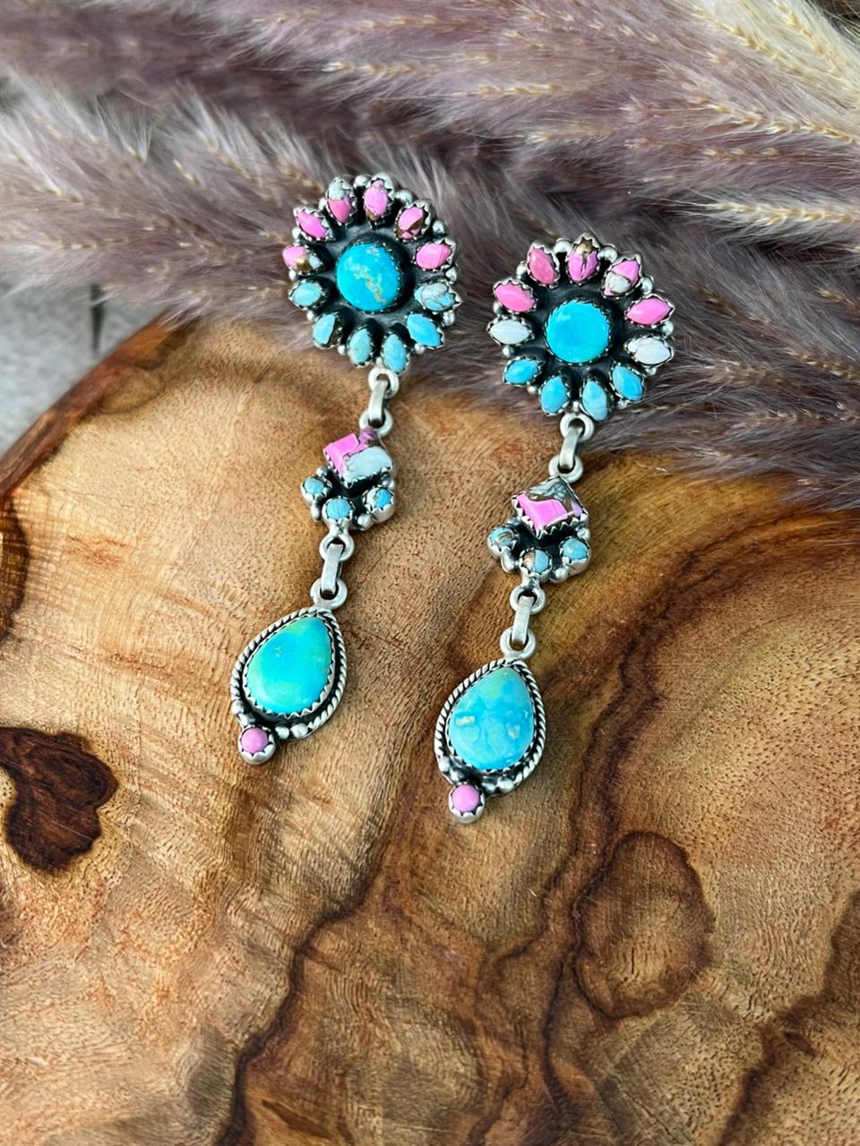 Handmade Sterling Silver Sierra Bella Turquoise with Cotton Candy Collection: Post Dangle Earrings "Signed Nizhoni"