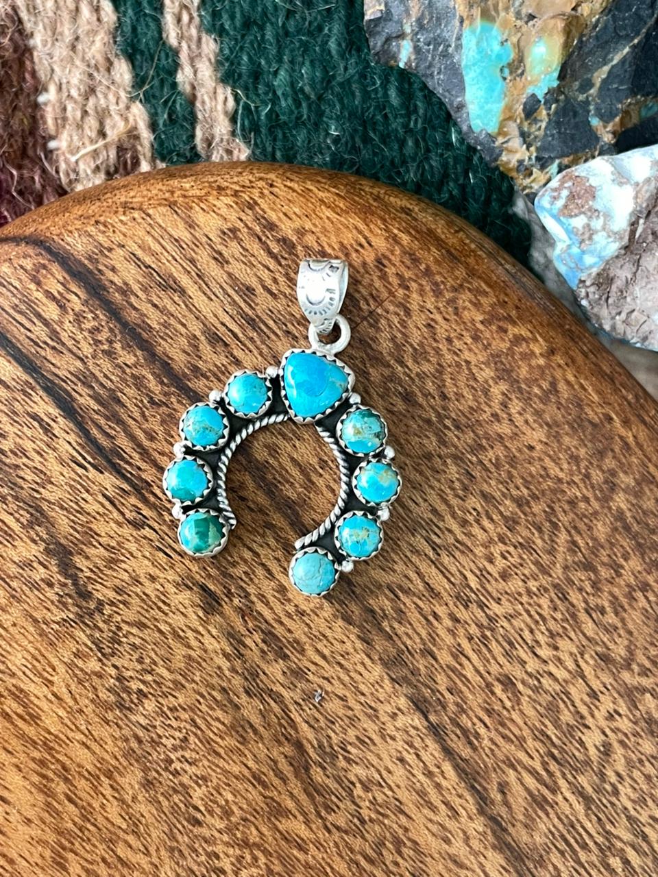 Handmade Sterling Silver Kingman Turquoise Naja Pendant "Signed Nizhoni"