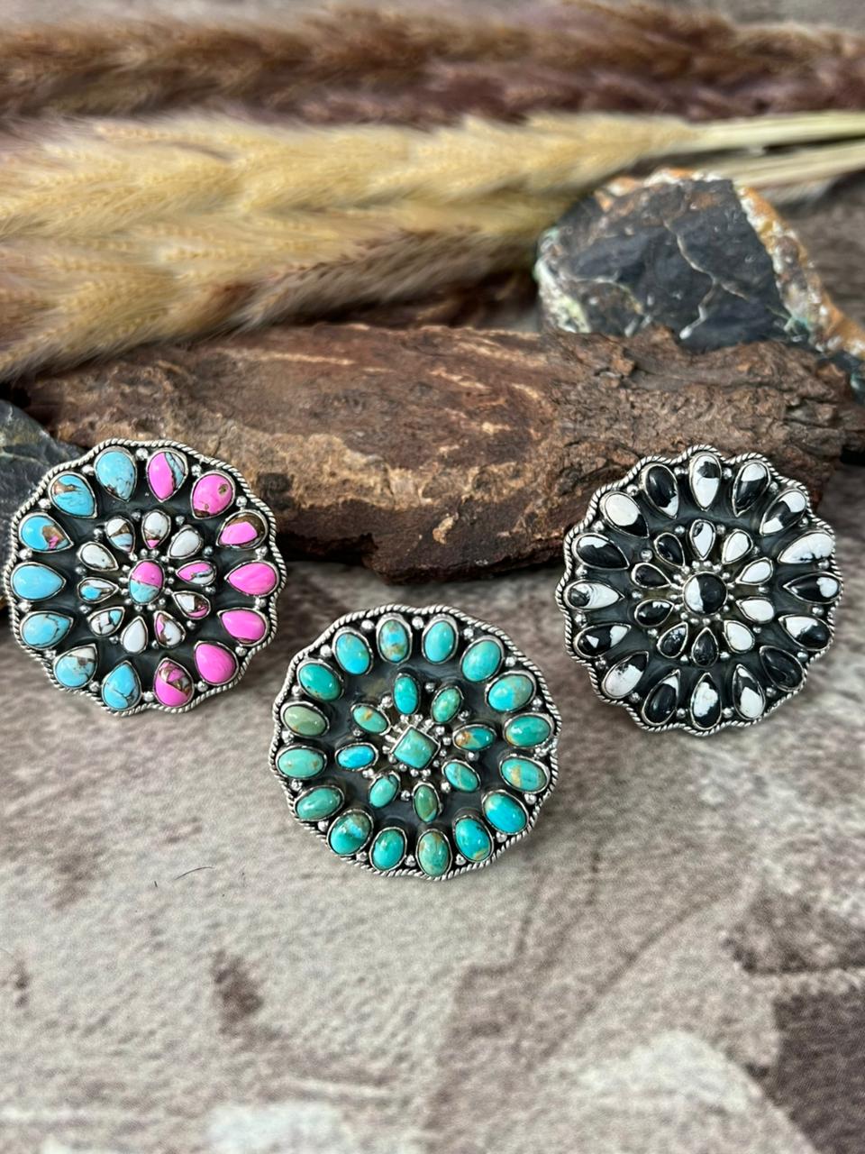 Handmade Sterling Silver Kingman Turquoise, Cotton Candy, White Buffalo Adjustable Ring "Signed Nizhoni"