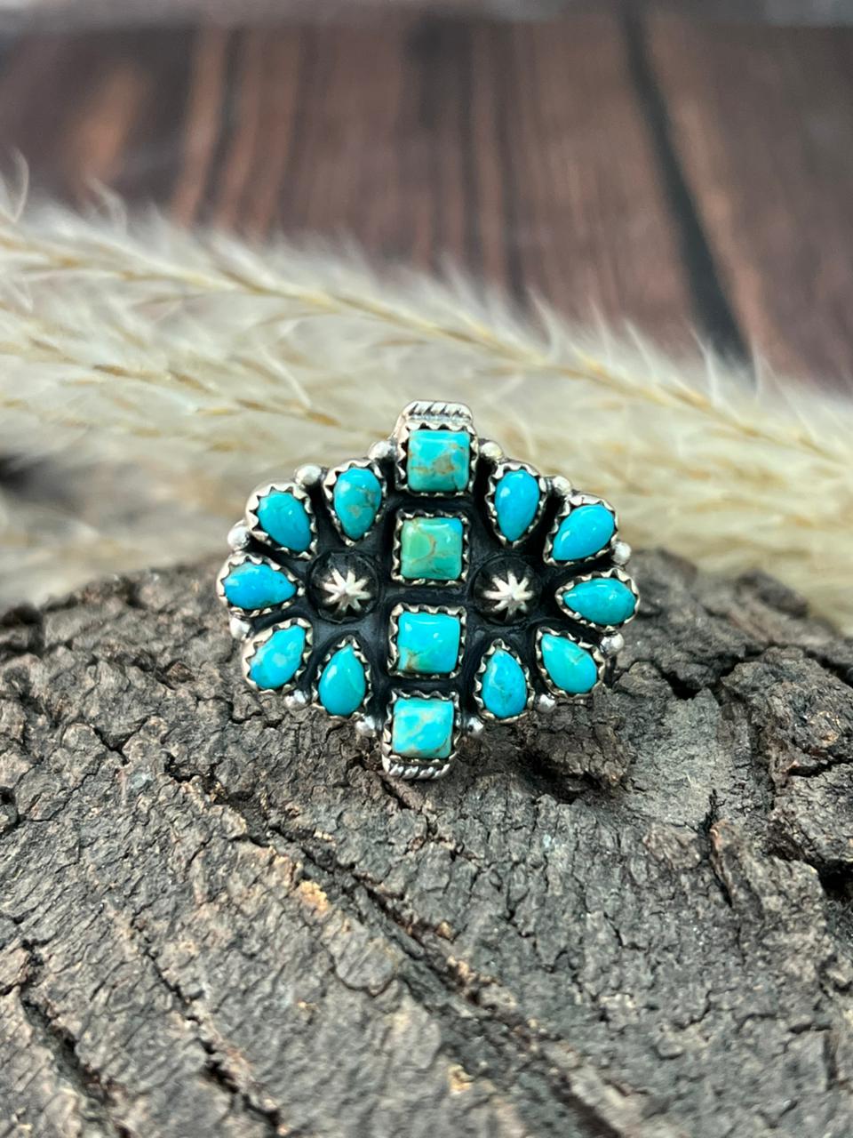 Handmade Sterling Silver Kingman Turquoise Adjustable Ring "Signed Nizhoni"