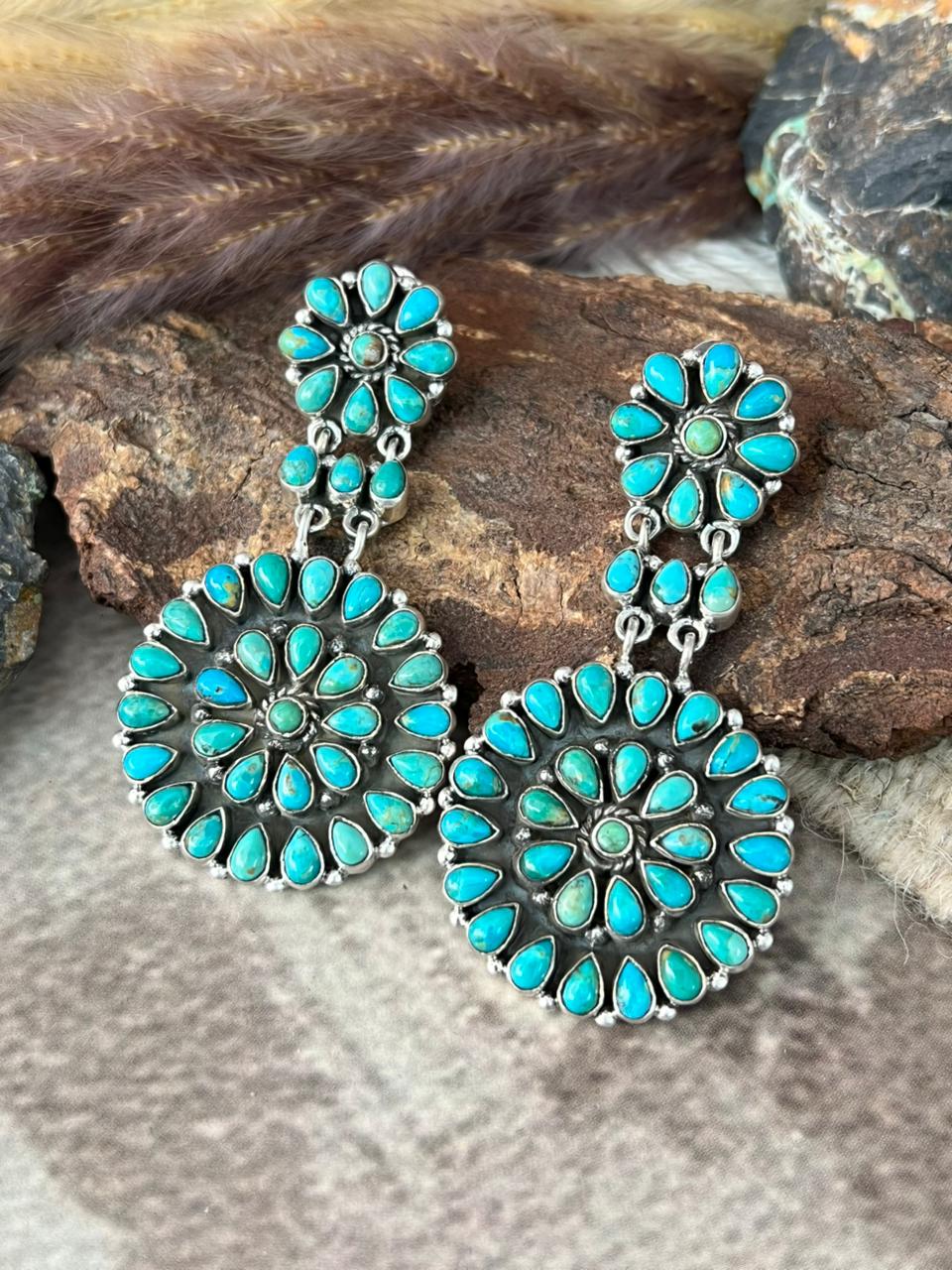 Handmade Sterling Silver Kingman Turquoise Post Dangle Earrings "Signed Nizhoni"