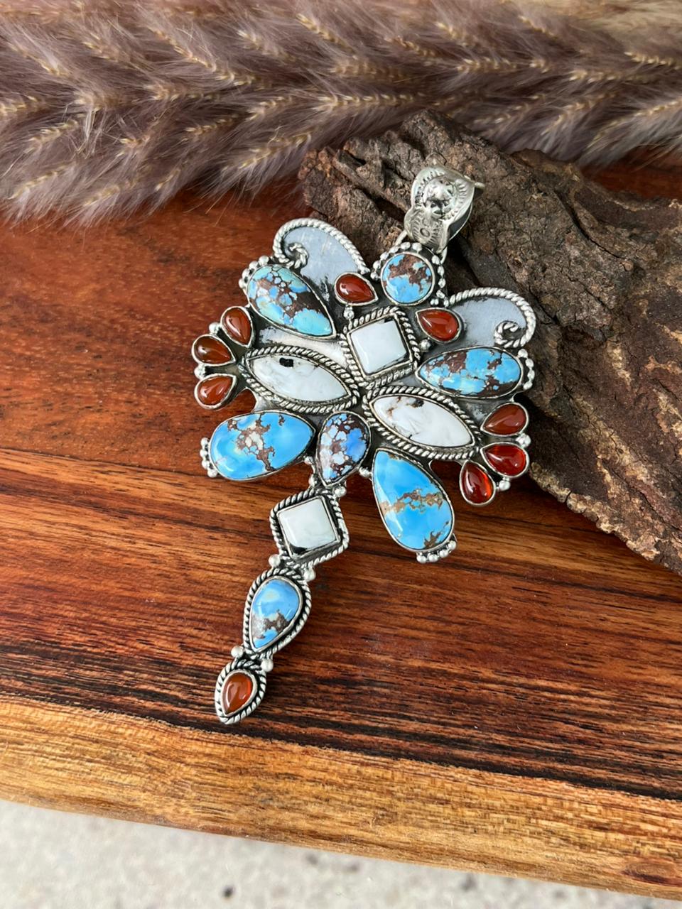 Handmade Sterling Silver Canyon Sunset Collection: Golden Hills Turquoise with White Buffalo and Carnelian Pendant "Signed Nizhoni"