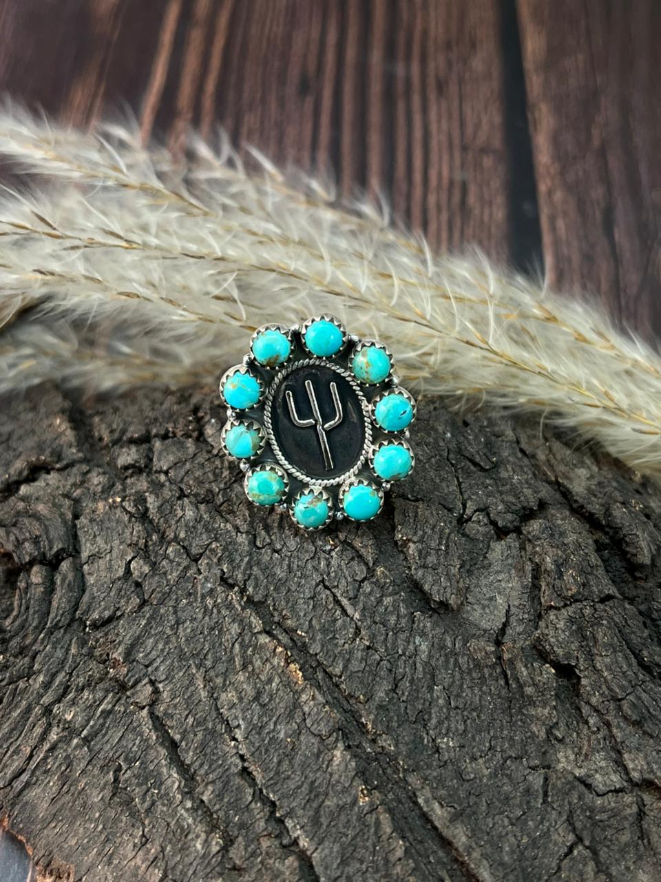 Handmade Sterling Silver Kingman Turquoise Cactus cAdjustable Ring "Signed Nizhoni"