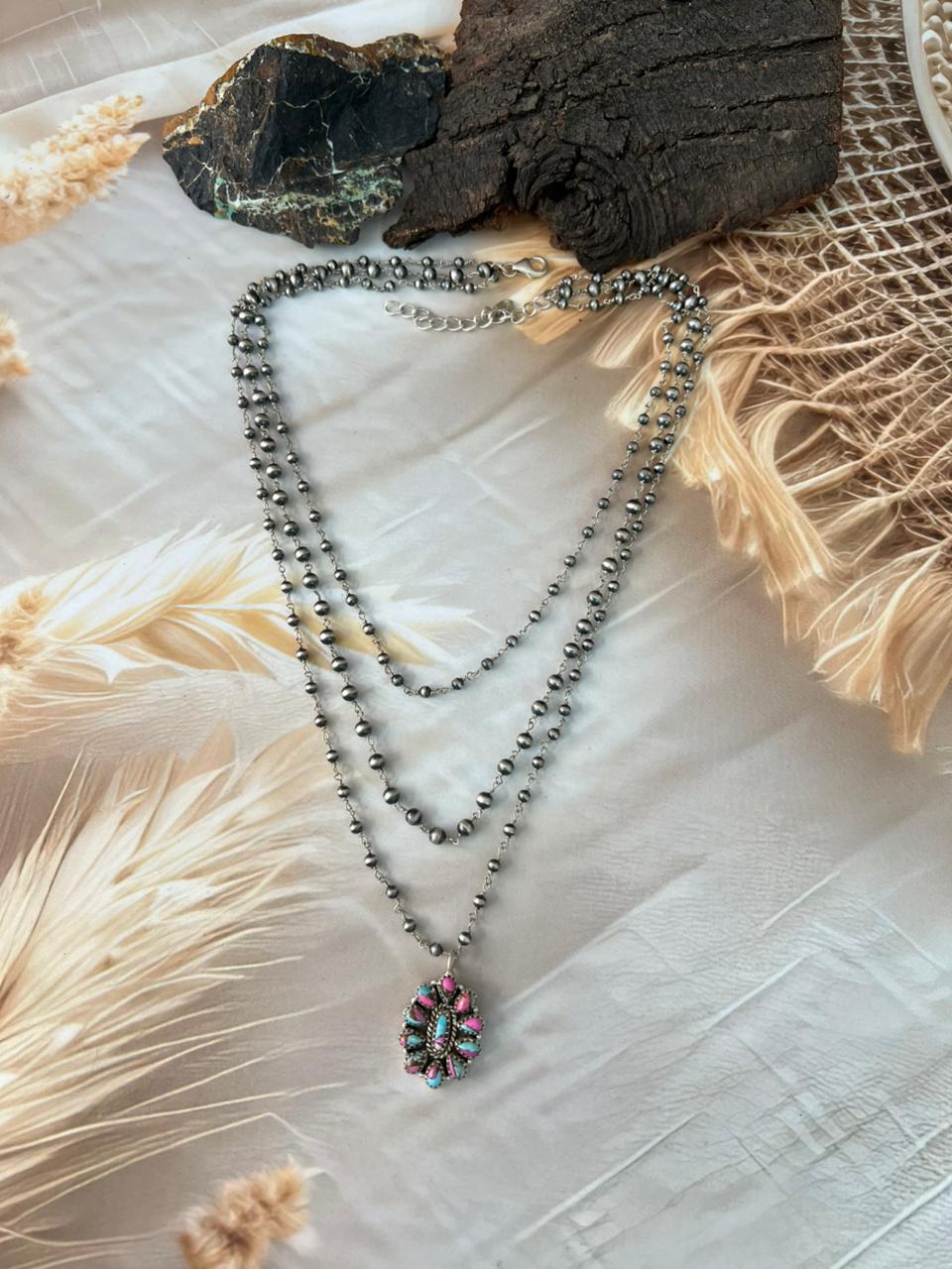 Handmade Sterling Silver Cotton Candy Layerd Beaded Necklace "Signed Nizhoni"