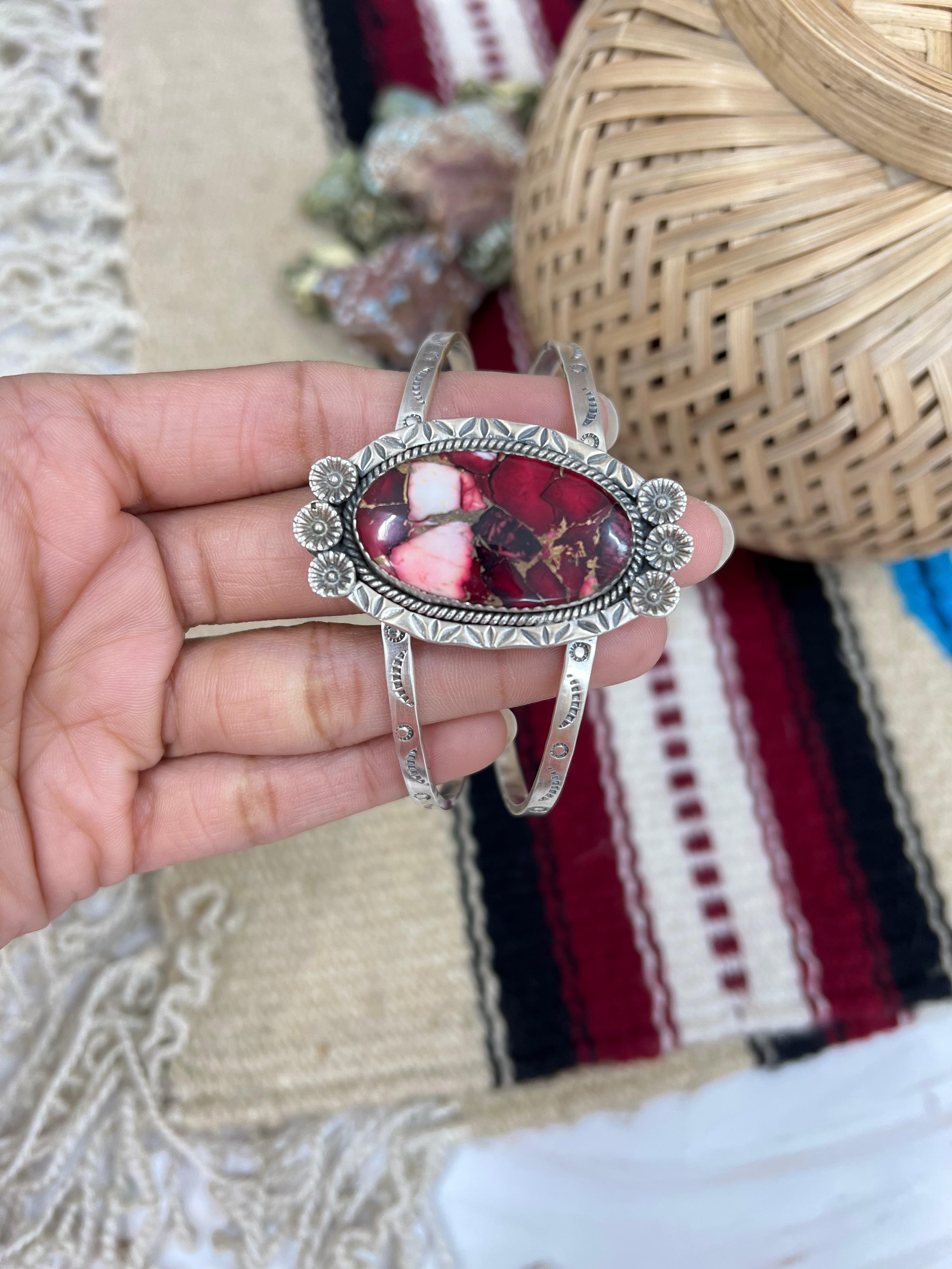 Handmade Sterling Silver Dahlia Rose Cuff Bracelet with Signed Nizhoni