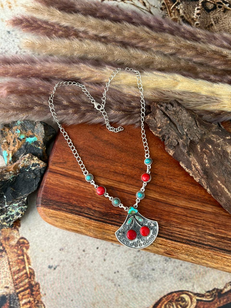 Handmade Sterling Silver Rosarita with Kingman and Sonoran Mountain Turquoise Cherry Necklace "Signed Nizhoni"