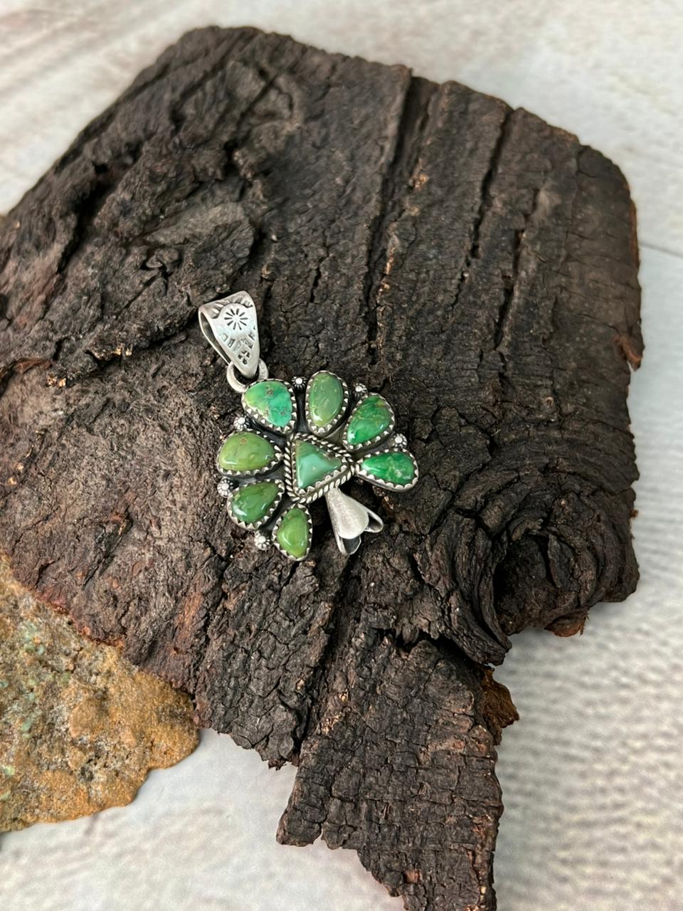 Handmade Sterling Silver Emerald Valley Turquoise Pendant "Signed Nizhoni"