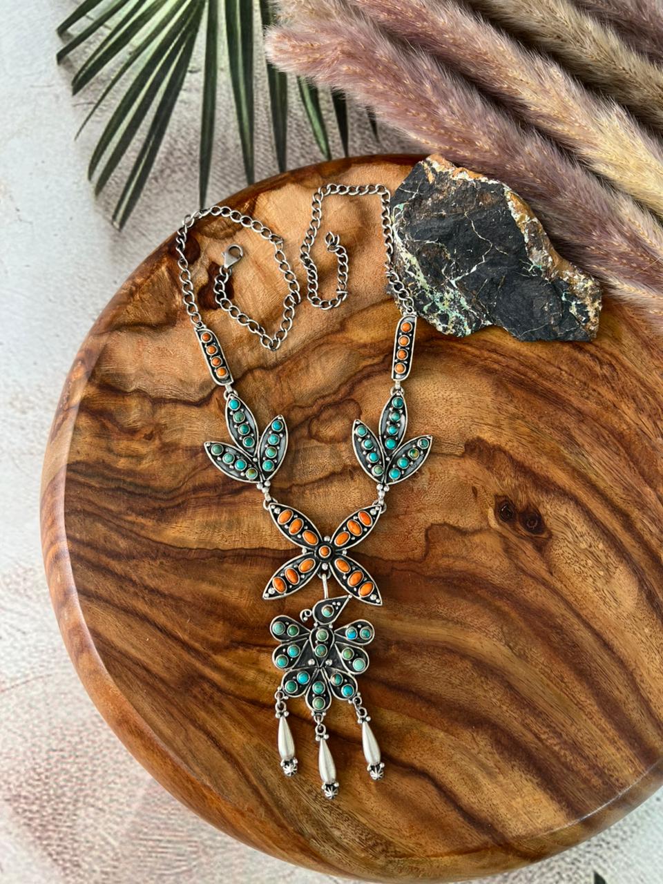 Handmade Sterling Silver Kingman Turquoise with Orange Mojave Necklace "Signed Nizhoni"
