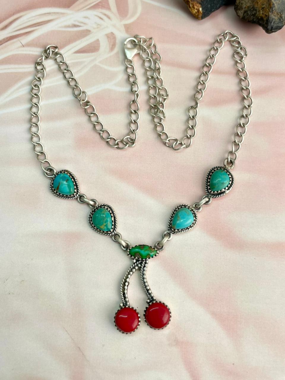 Handmade Sterling Silver Rosarita with Sonoran and Kingman Turquoise Necklace "Signed Nizhoni"