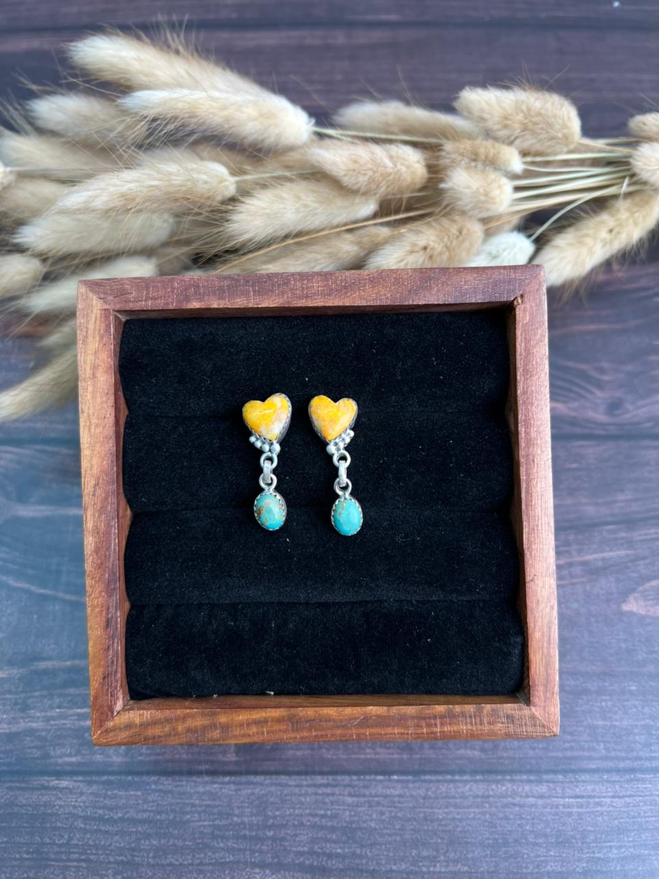 Handmade Sterling Silver Kingman Turquoise with Bumblebee Post Dangle Heart Earrings "Signed Nizhoni"