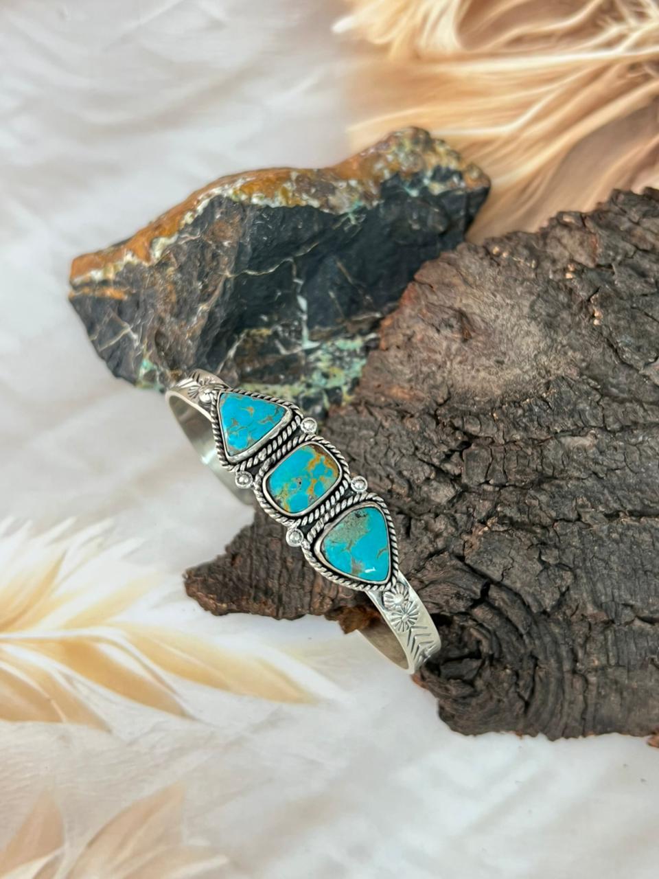 Handmade Sterling Silver Santa Maria Turquoise Cuff Bracelet "Signed Nizhoni"
