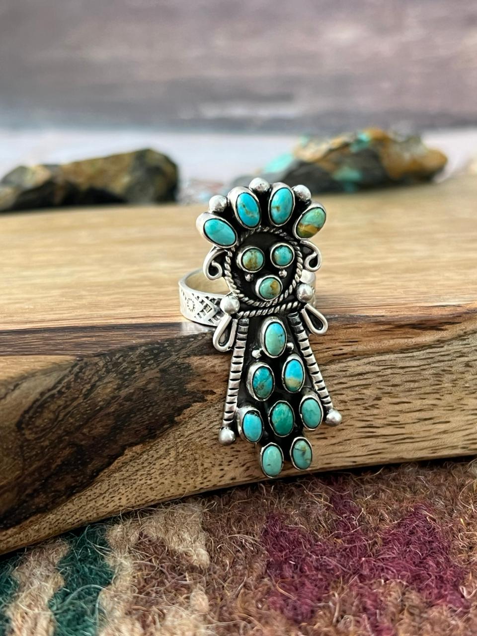 Handmade Sterling Silver Kingman Turquoise Adjustable Ring "Signed Nizhoni"