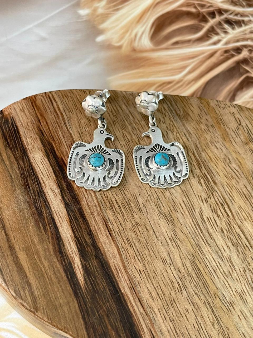 Handmade Sterling Silver Kingman Turquoise Post Dangle Thunderbird Earrings Signed Nizhoni