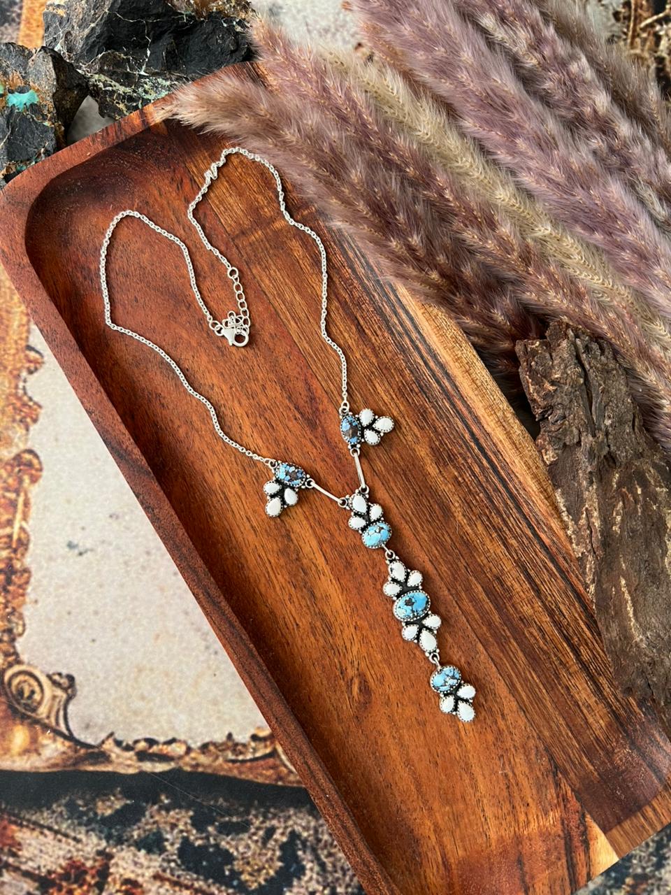 Handmade Sterling Silver Canyon Sunset Collection: Golden Hills Turquoise with White Buffalo Lariat Necklace "Signed Nizhoni"