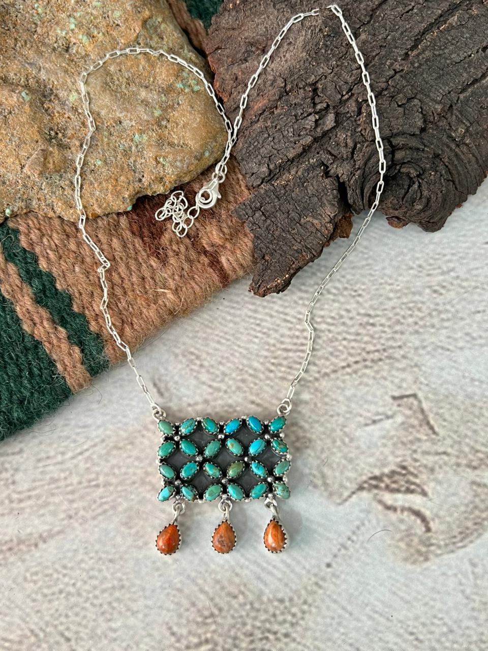 Handmade Sterling Silver Kingman Turquoise with Orange Mojave Necklace "Signed Nizhoni"