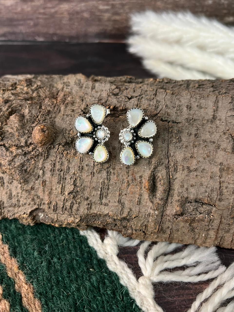 Handmade Sterling Silver Wedding Collection: Mother of Pearl Post Studs Earrings "Signed Nizhoni"
