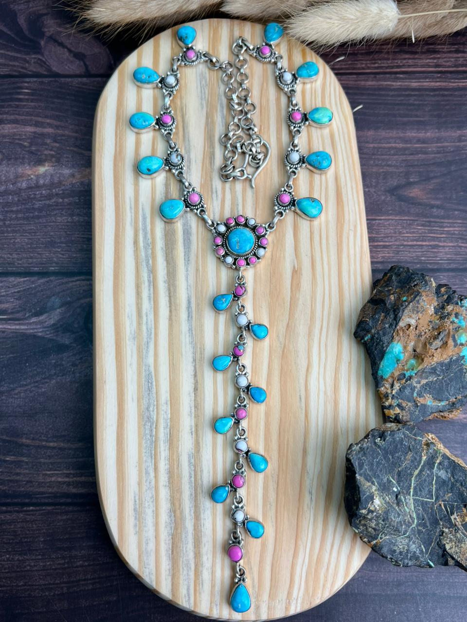 Handmade Sterling Silver Sierra Bella Turquoise with Cotton Candy Collection: 'Y Shaped' Drop Necklace "Signed Nizhoni"