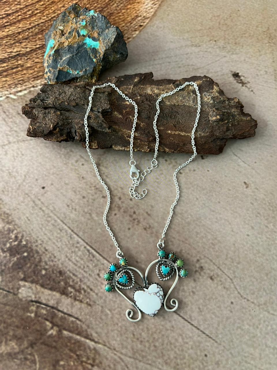 Handmade Sterling Silver Mama Collection: Wild horse Magnesite with Kingman Turquoise Necklace "Signed Nizhoni"