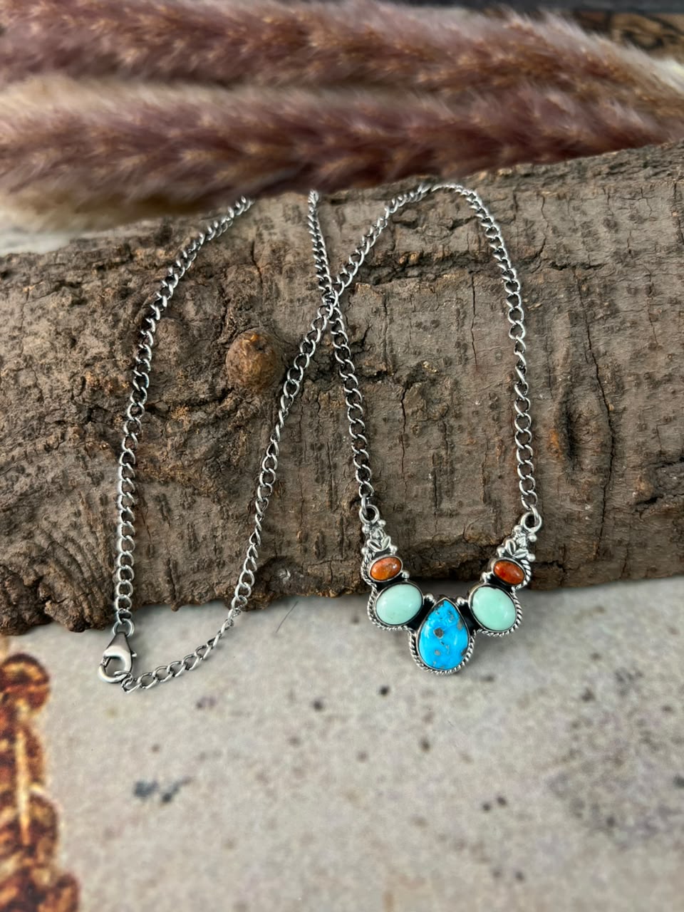 Handmade Sterling Silver White Water with Paloma Turquoise and Orange Mojave Necklace Signed Nizhoni