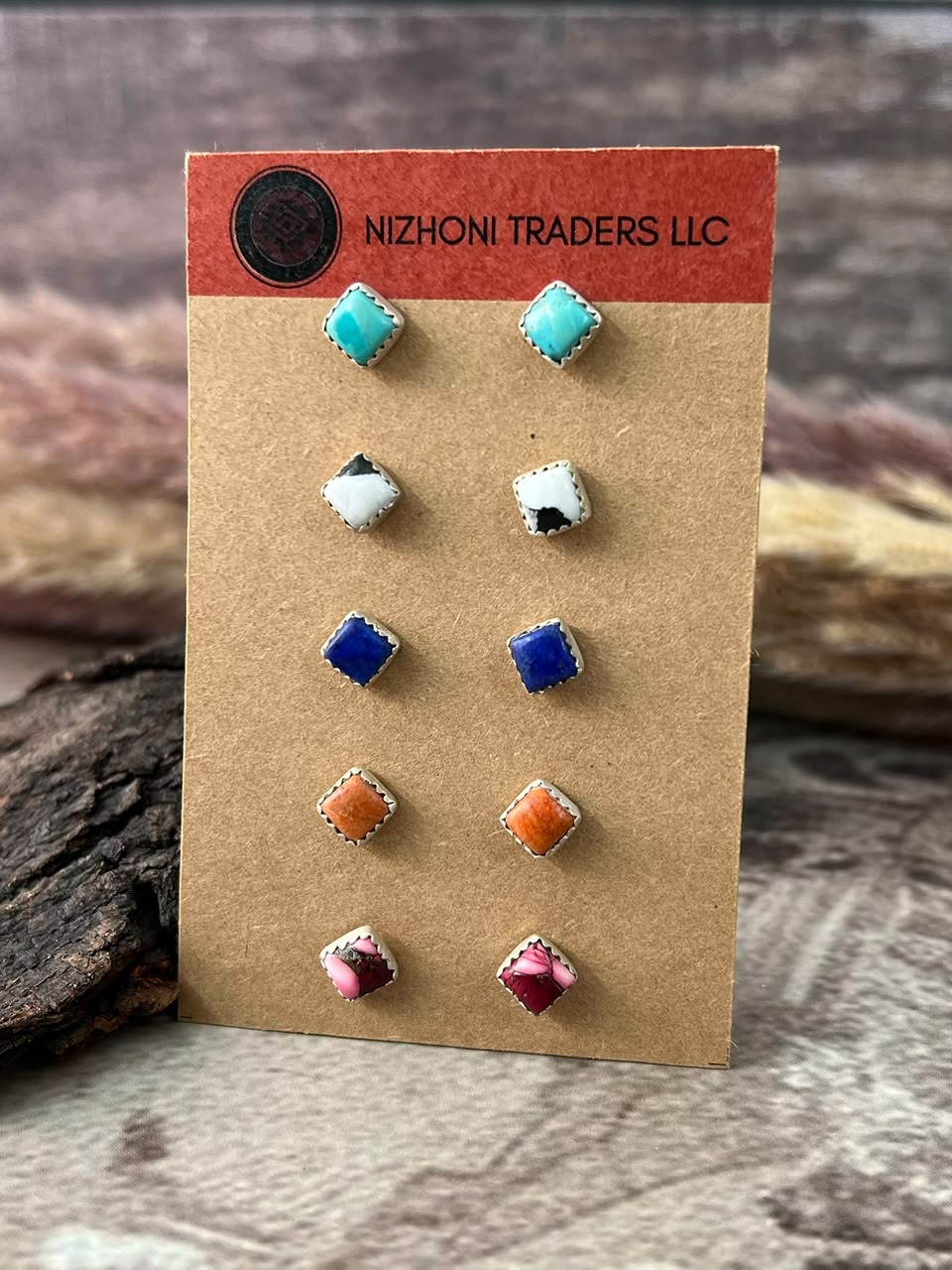 Handmade Sterling Silver Kingman Turquoise with Orange Mojave, Dahlia Rose, White Buffalo and Lapis Post Studs Card Set