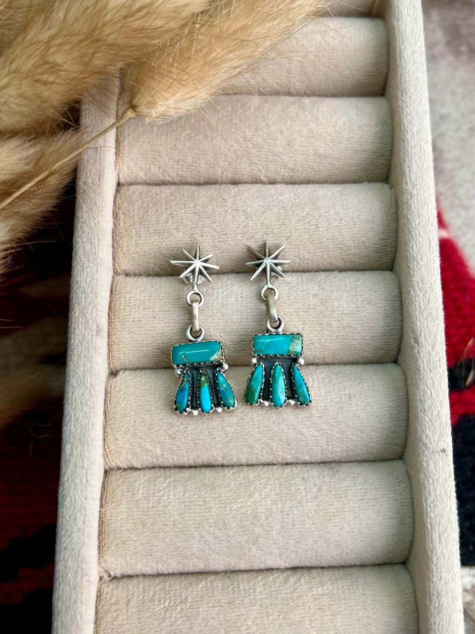 Handmade Sterling Silver Kingman Turquoise Post Dangle Earrings "Signed Nizhoni"