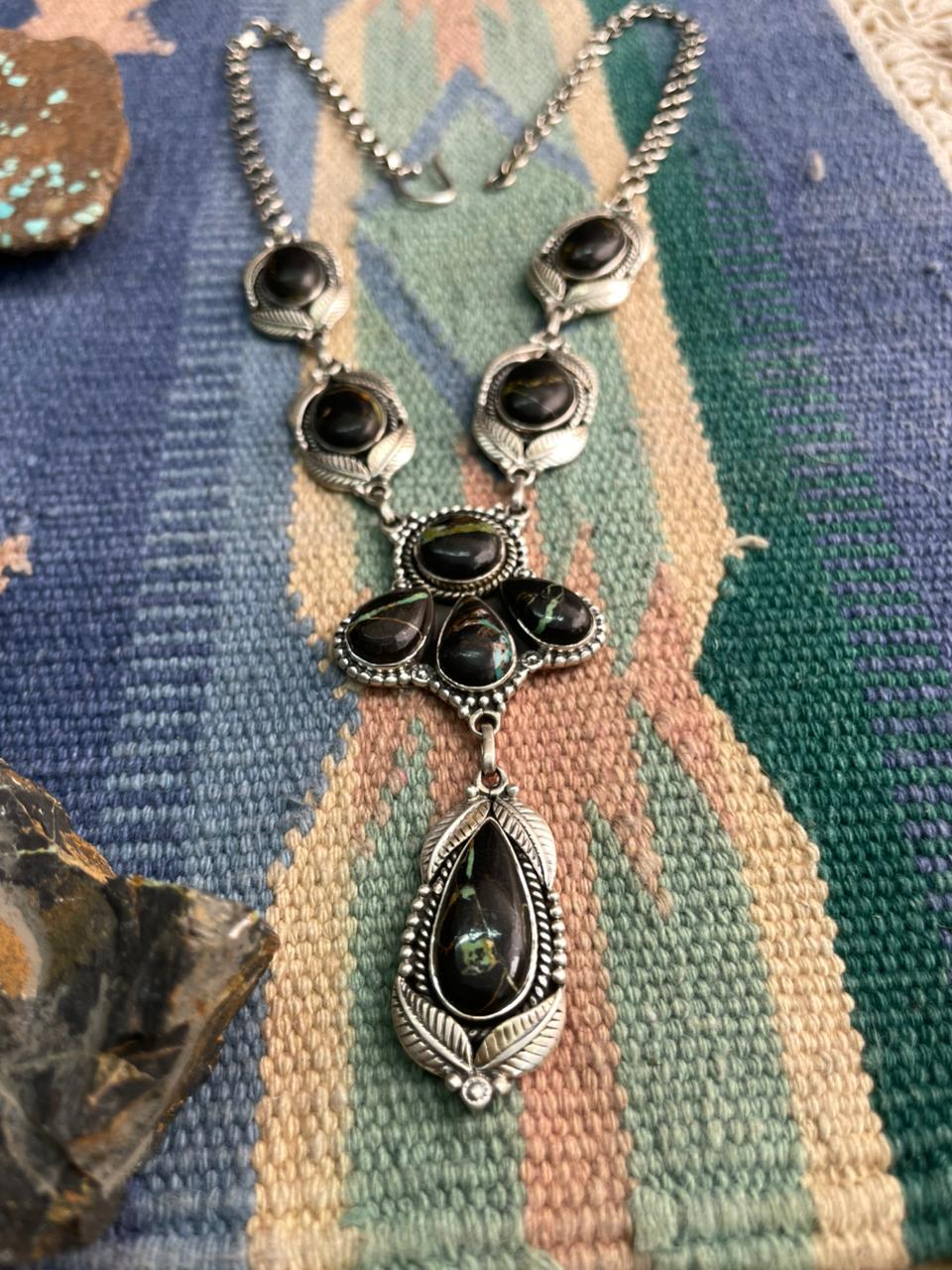 Handmade Sterling Silver Blackjack Turquoise Necklace "Signed Nizhoni"