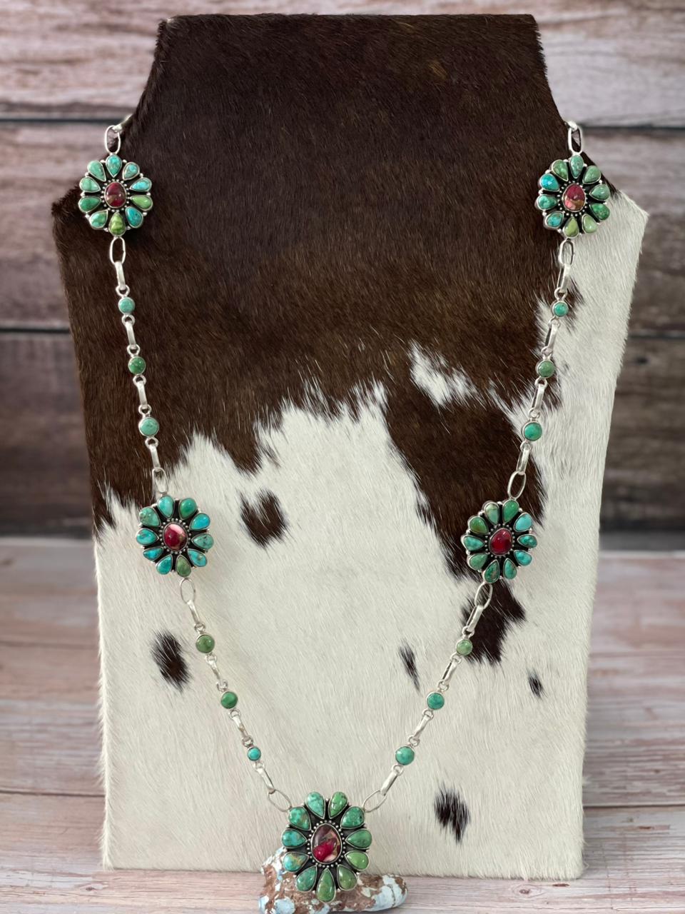 Handmade Sterling Silver Dahlia Rose with Emerald Valley Turquoise Necklace "Signed Nizhoni"