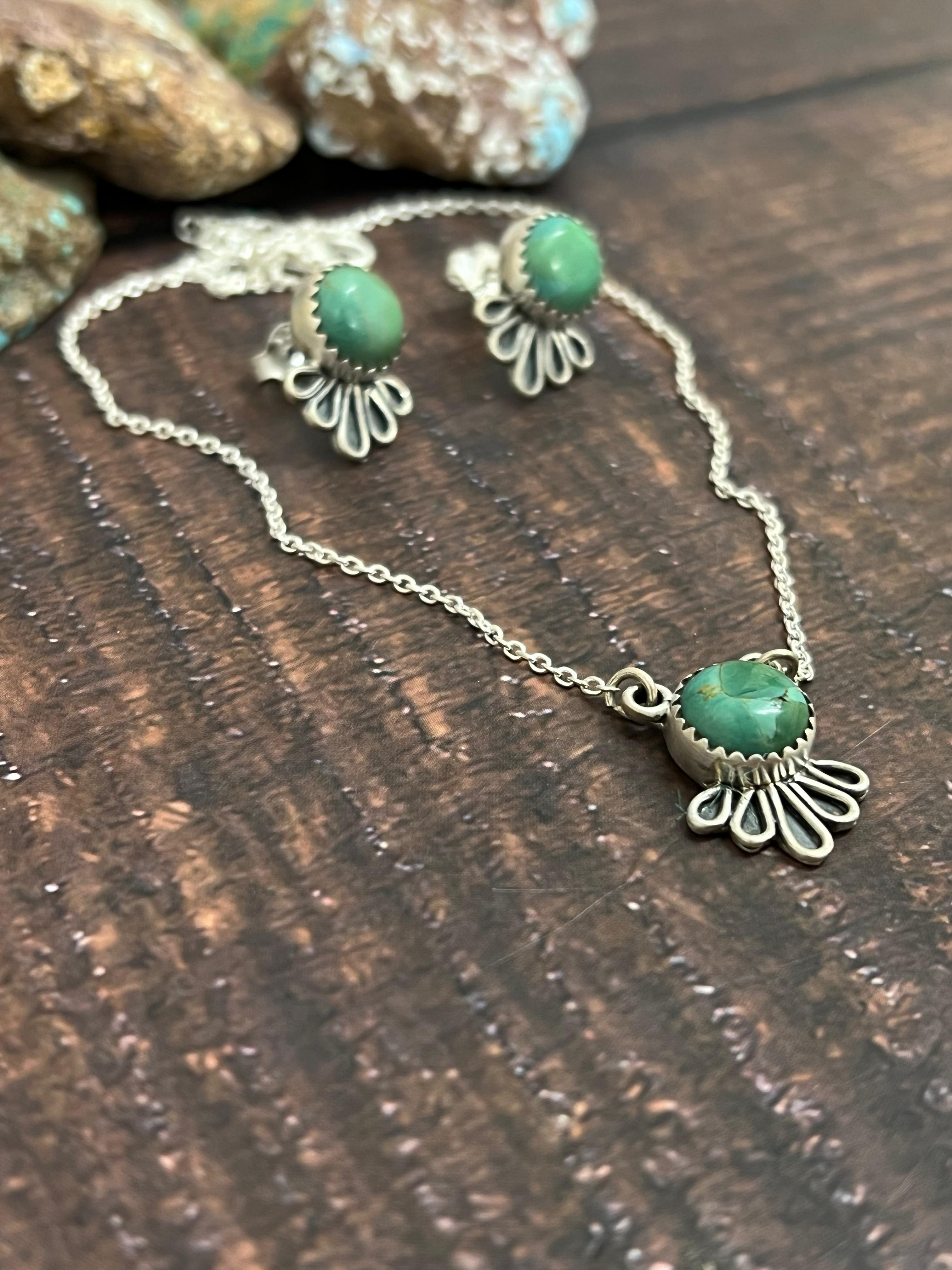 Handmade Sterling Silver Kingman Turquoise Necklace Earrings Set with Signed Nizhoni