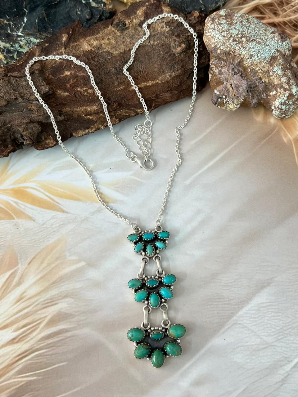 Handmade Sterling Silver Kingman Turquoise Drop Necklace "Signed Nizhoni"