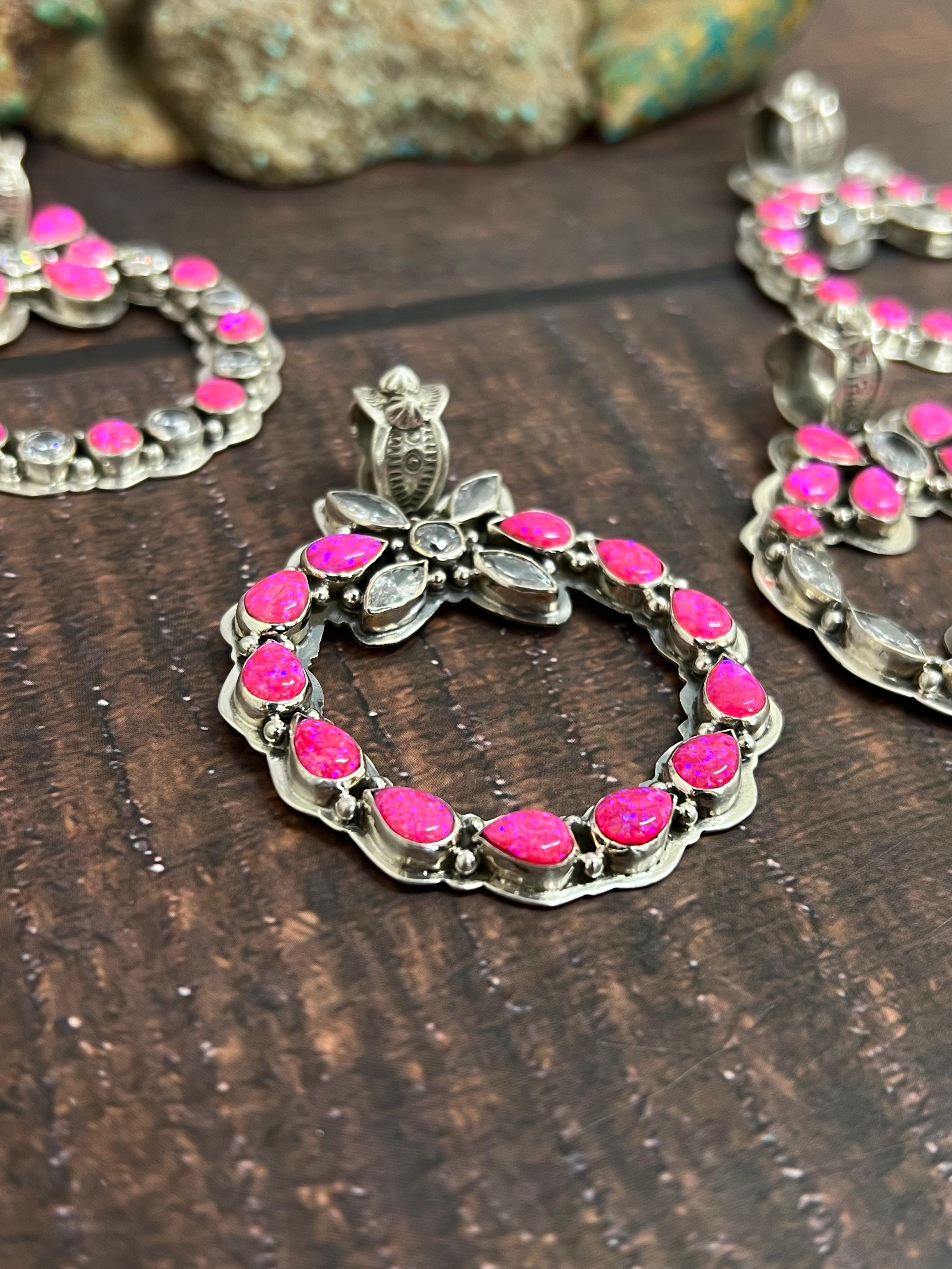 Handmade Sterling Silver Hot Pink with CZ Pendant, Signed Nizhoni