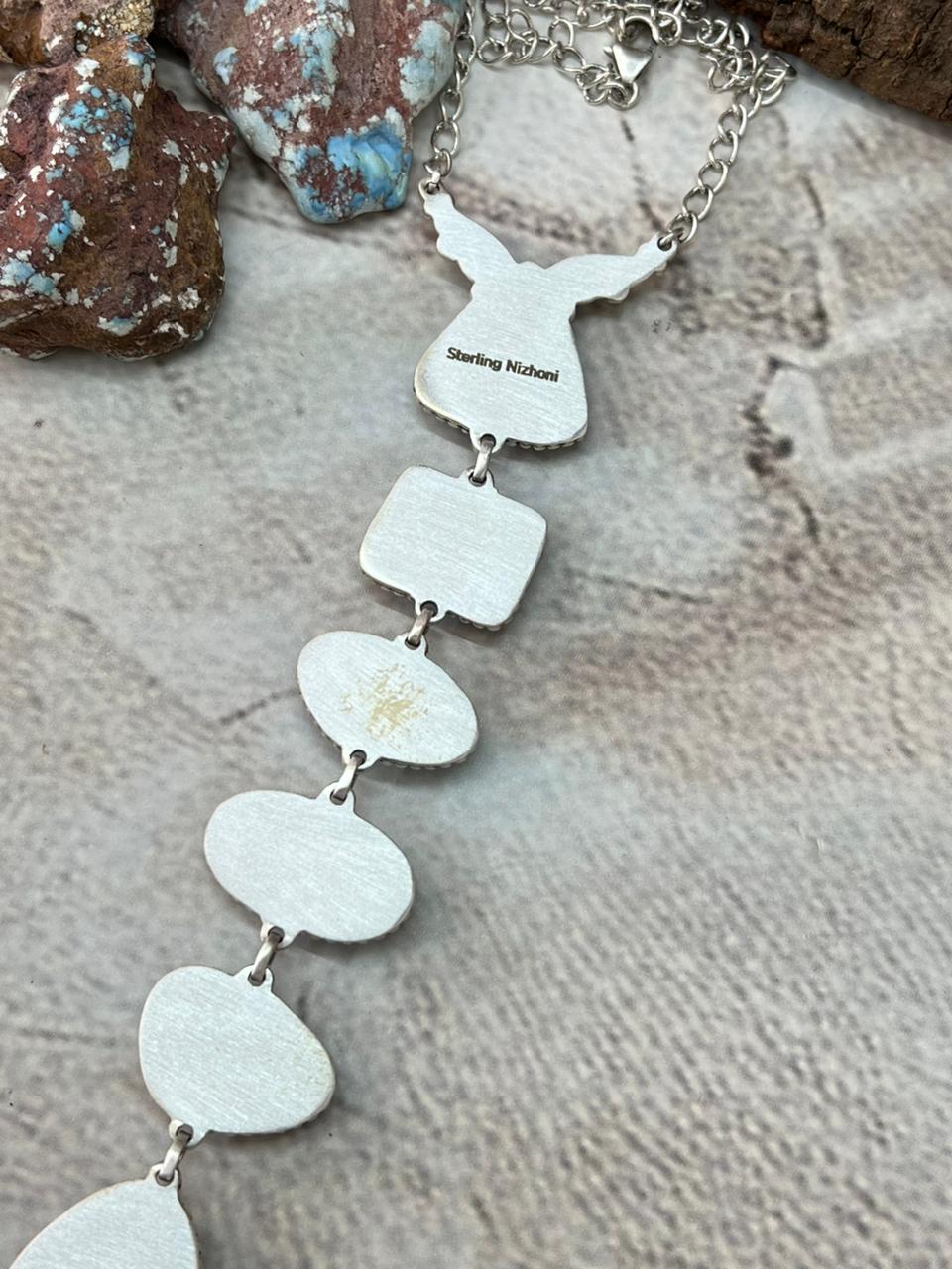 Handmade Sterling Silver Lander Turquoise Necklace with Signed Nizhoni