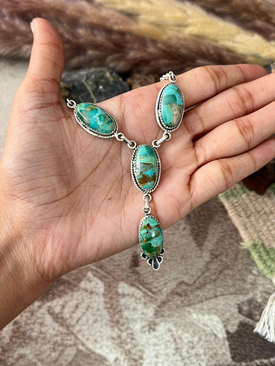 Handmade Sterling Silver Kingman Turquoise Drop Necklace "Signed Nizhoni"