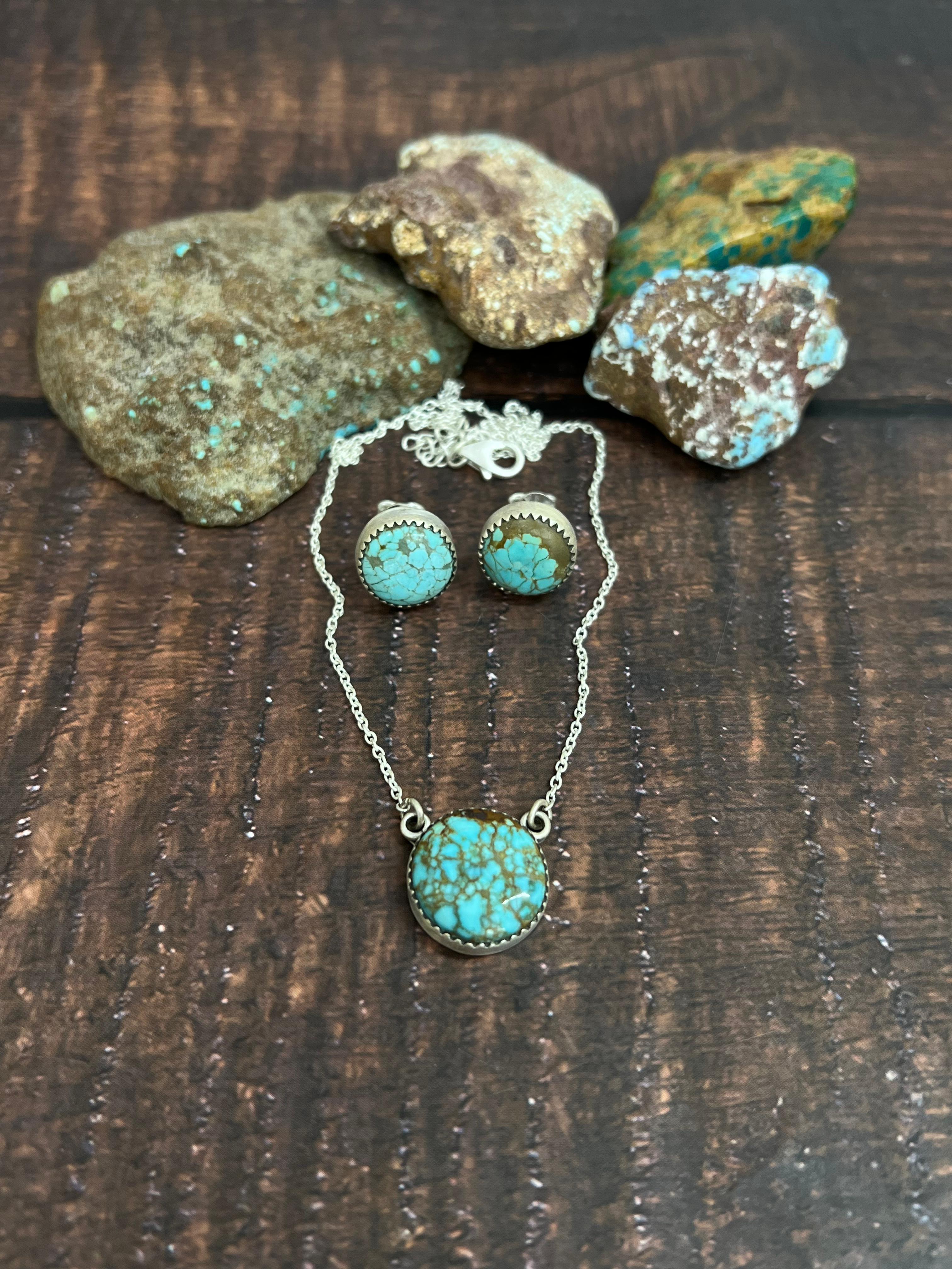 Handmade Sterling Silver Number 8 Turquoise Necklace Earrings Set with Signed Nizhoni