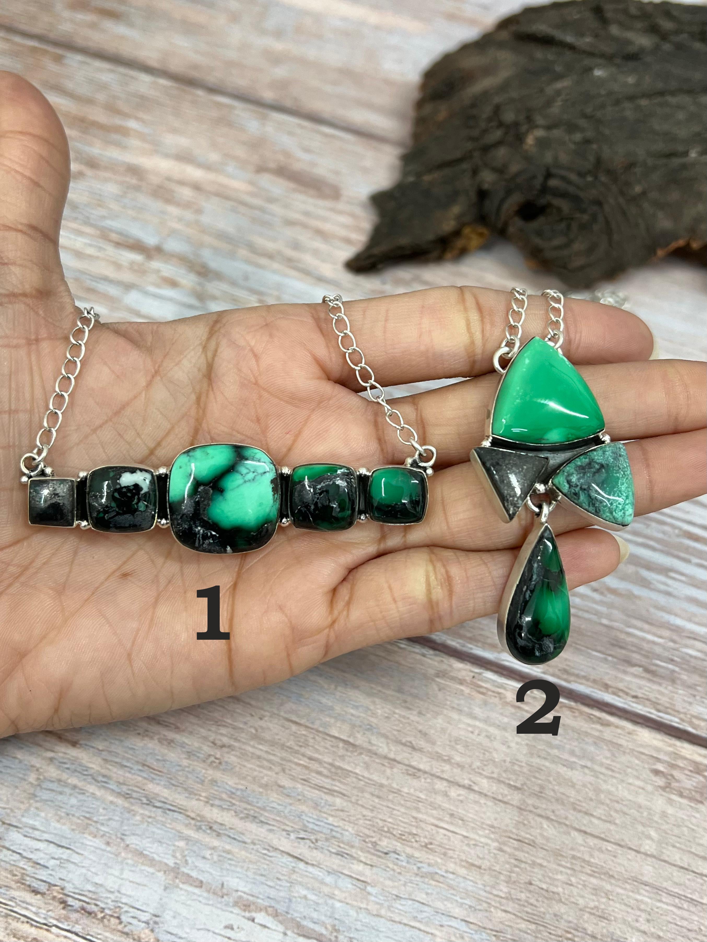 Handmade Sterling Silver Emerald Rose Necklace with Signed Nizhoni