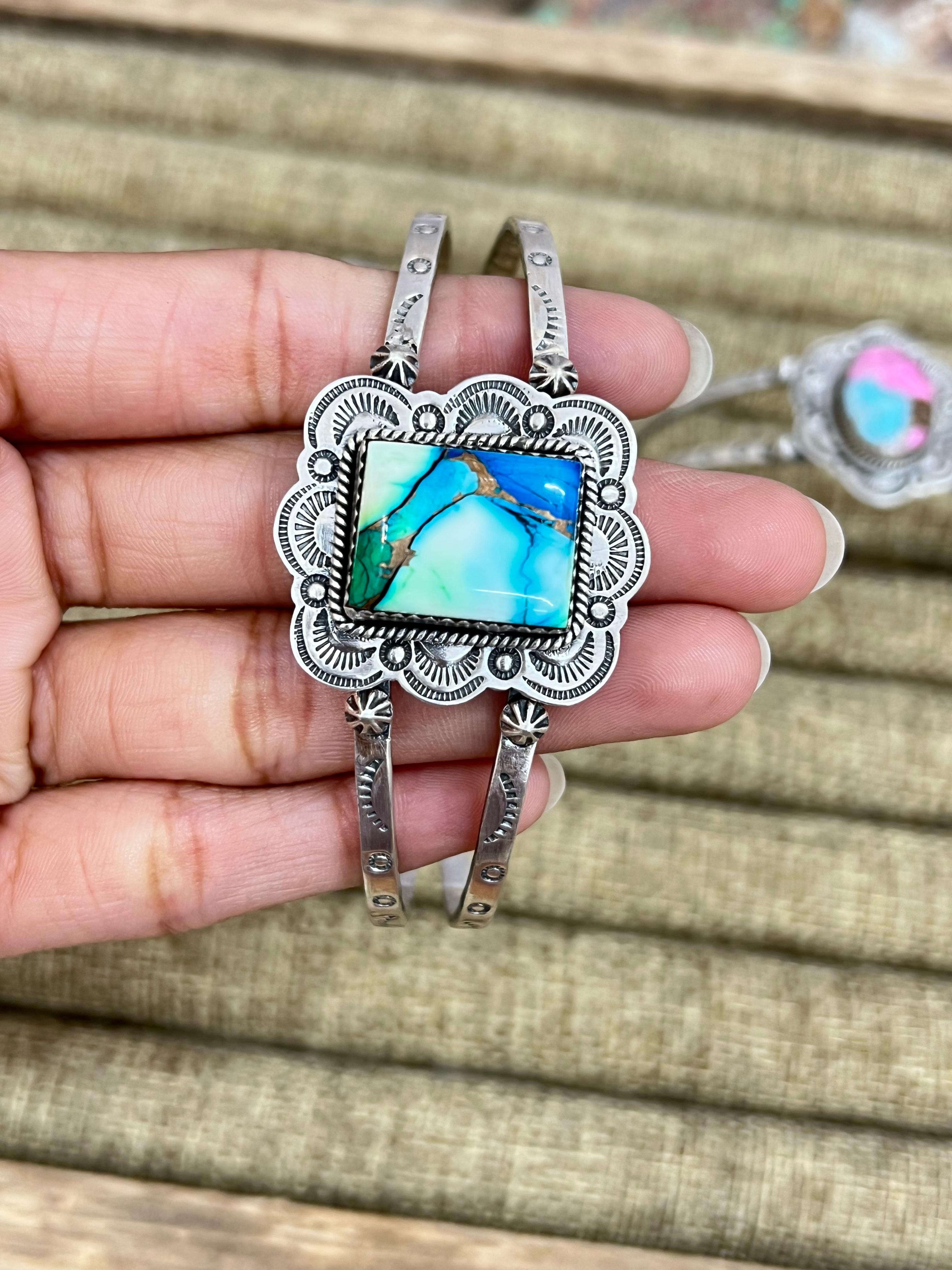 Handmade Sterling Silver Multi Stone Cuff Bracelet, Signed Nizhoni